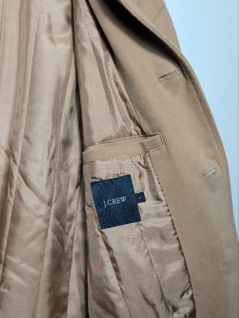 Vtg 90's J.Crew Mens Classic Tan Button-Up Coat Mid Length Minimal Preppy Large